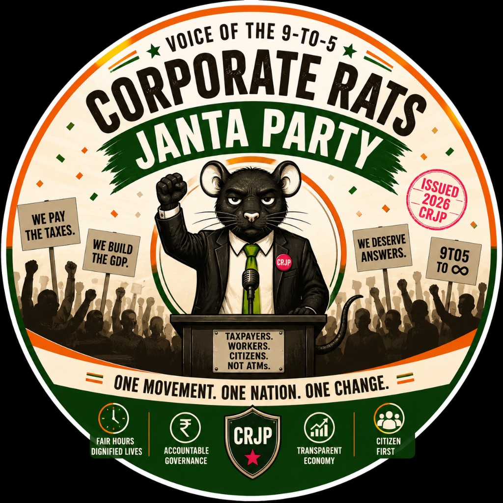 Corporate Rats Janta Party official emblem — a rat in a suit at a podium raising a fist, surrounded by silhouetted protesters holding placards reading 'We pay the taxes', 'We build the GDP', 'We deserve answers', '9to5 to ∞'. Tagline: One Movement. One Nation. One Change.